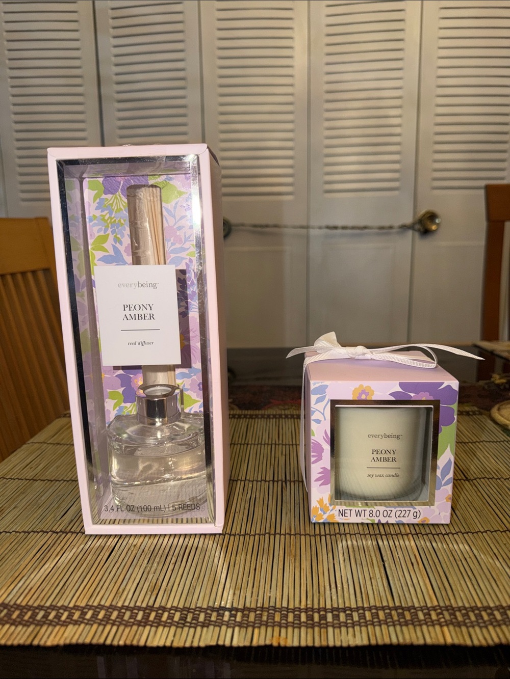 Peony Amber Reed Set Diffuser and Candle — Soft Pink